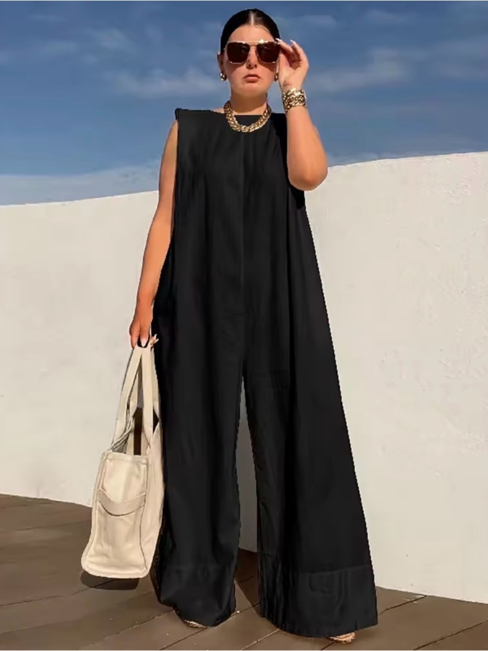 Uoozee Sleeveless Wide-Leg Black Jumpsuit size Small